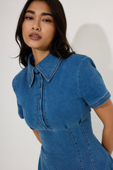Cotton Mix Denim Collared Midi Dress