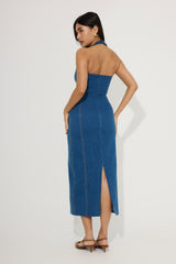Cotton Mix Denim Halter Midi Dress