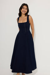 Cotton Mix Denim Square Neck Midi Dress