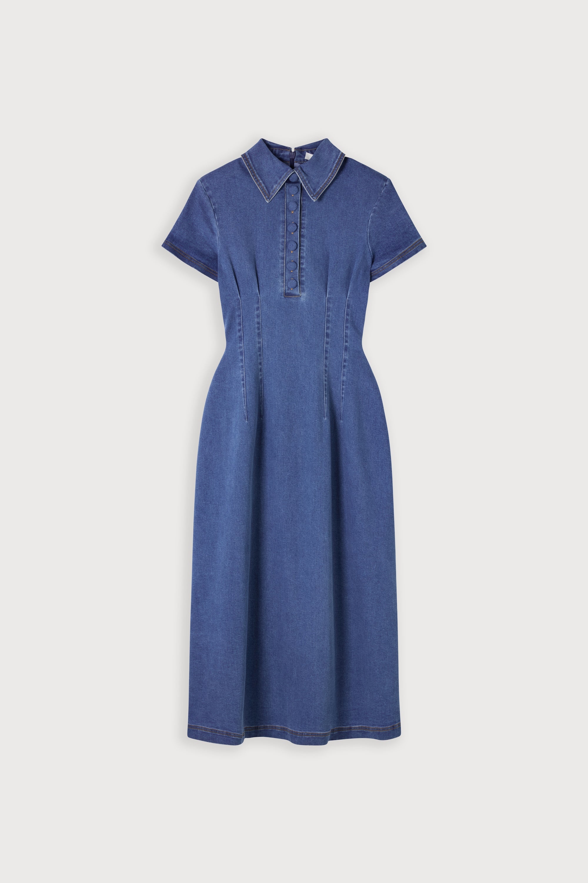 Cotton Mix Denim Collared Midi Dress