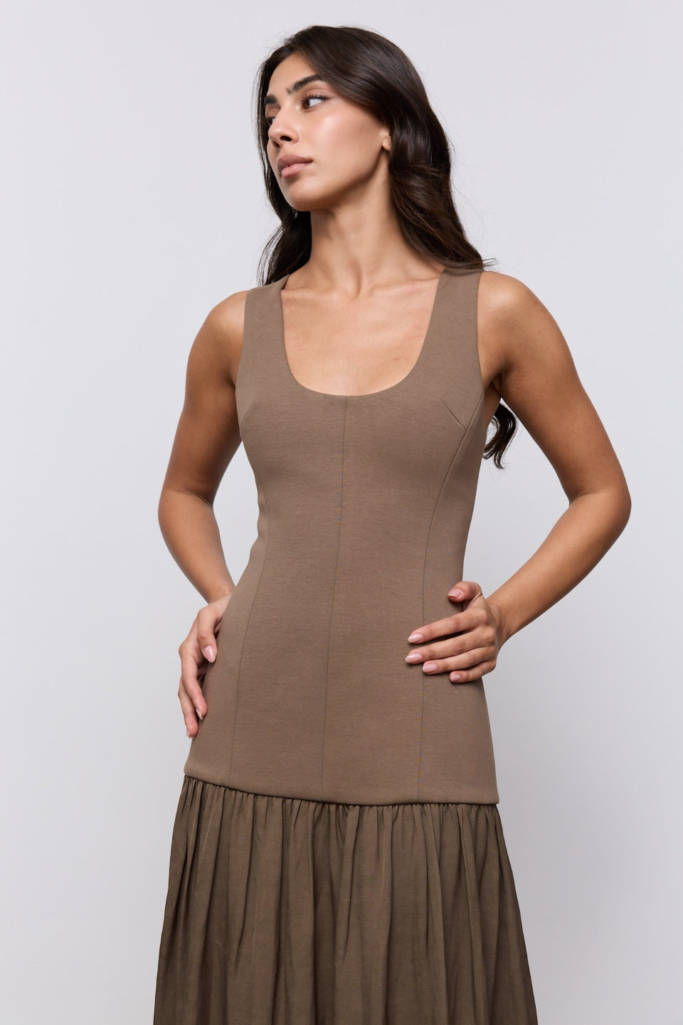 Linen Mix Dropped Waist Maxi Dress