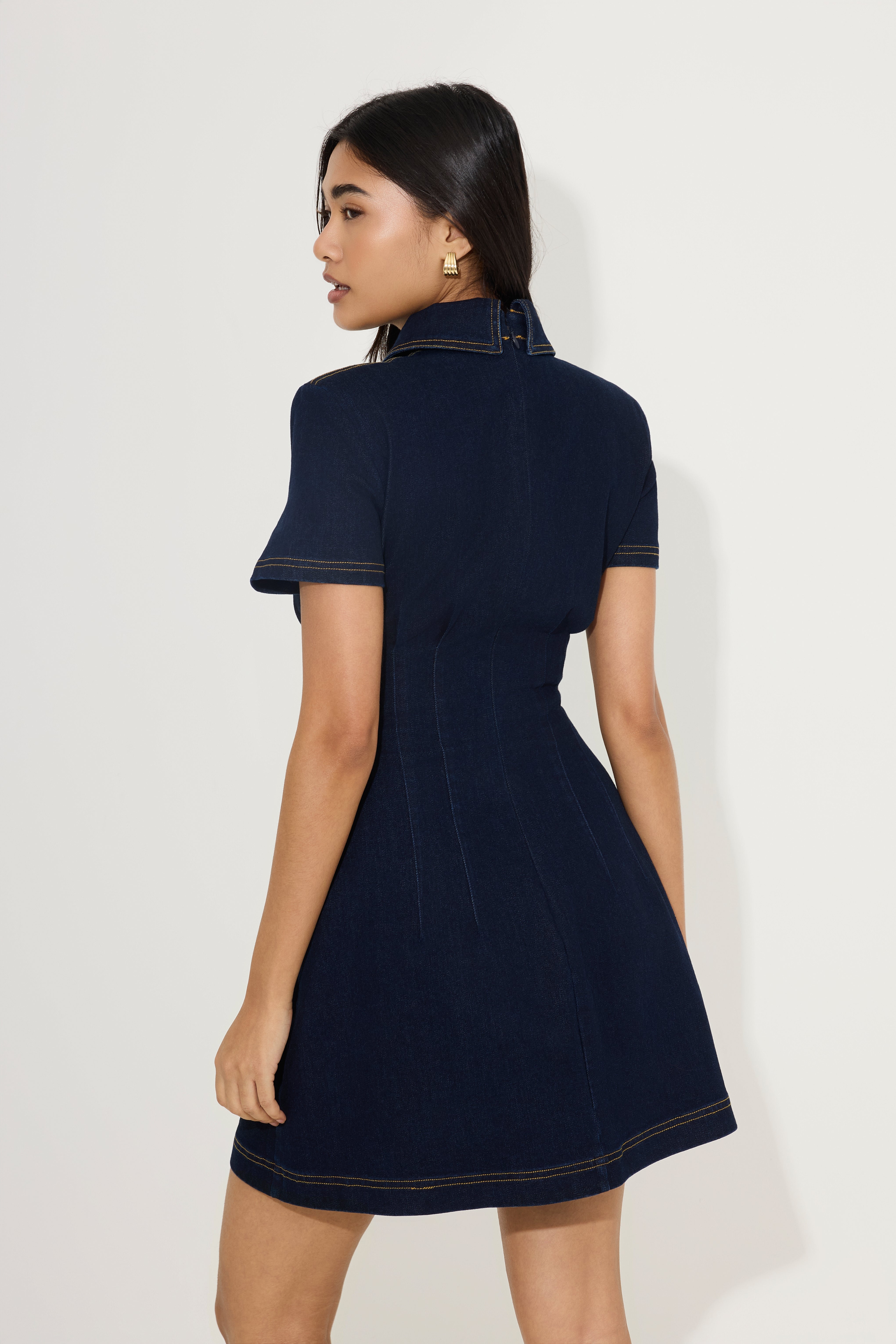 Cotton Mix Denim Collared Mini Dress